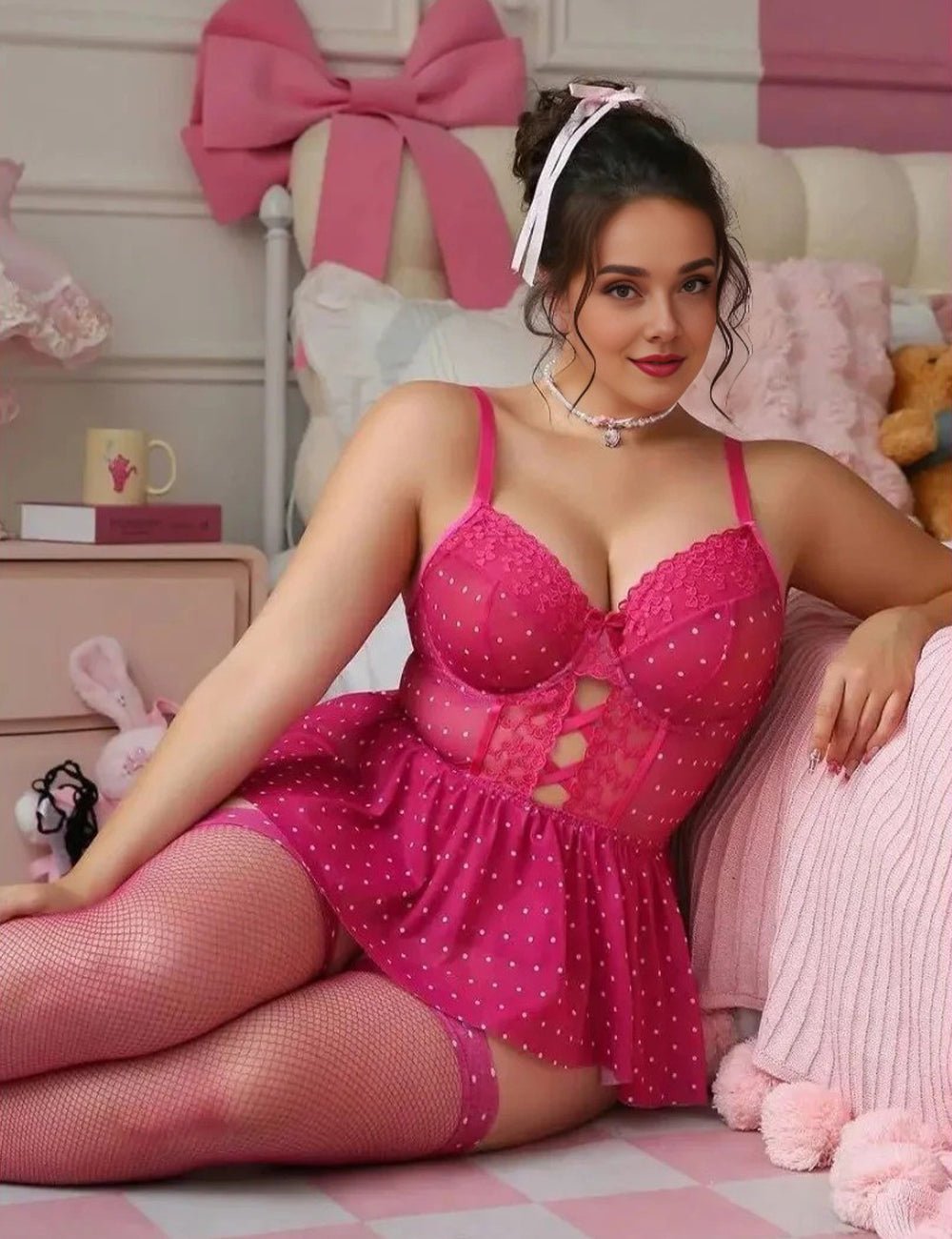 Women Plus Size Polka Dots Lace Babydoll - PRUSES
