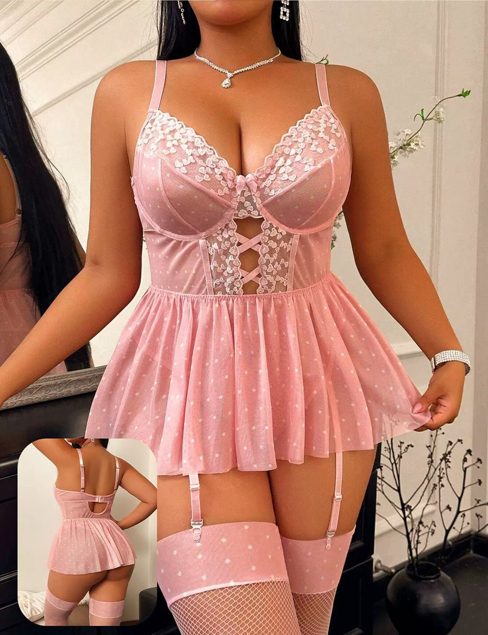 Women Plus Size Polka Dots Lace Babydoll - PRUSES