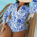 Women Plus Size Porcelain Retro Print  Zip - Up Swimsuit - PRUSES