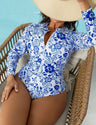 Women Plus Size Porcelain Retro Print  Zip - Up Swimsuit - PRUSES