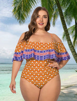 Women Plus Size Print Off Shoulder One Piece Swimsuit - PRUSES