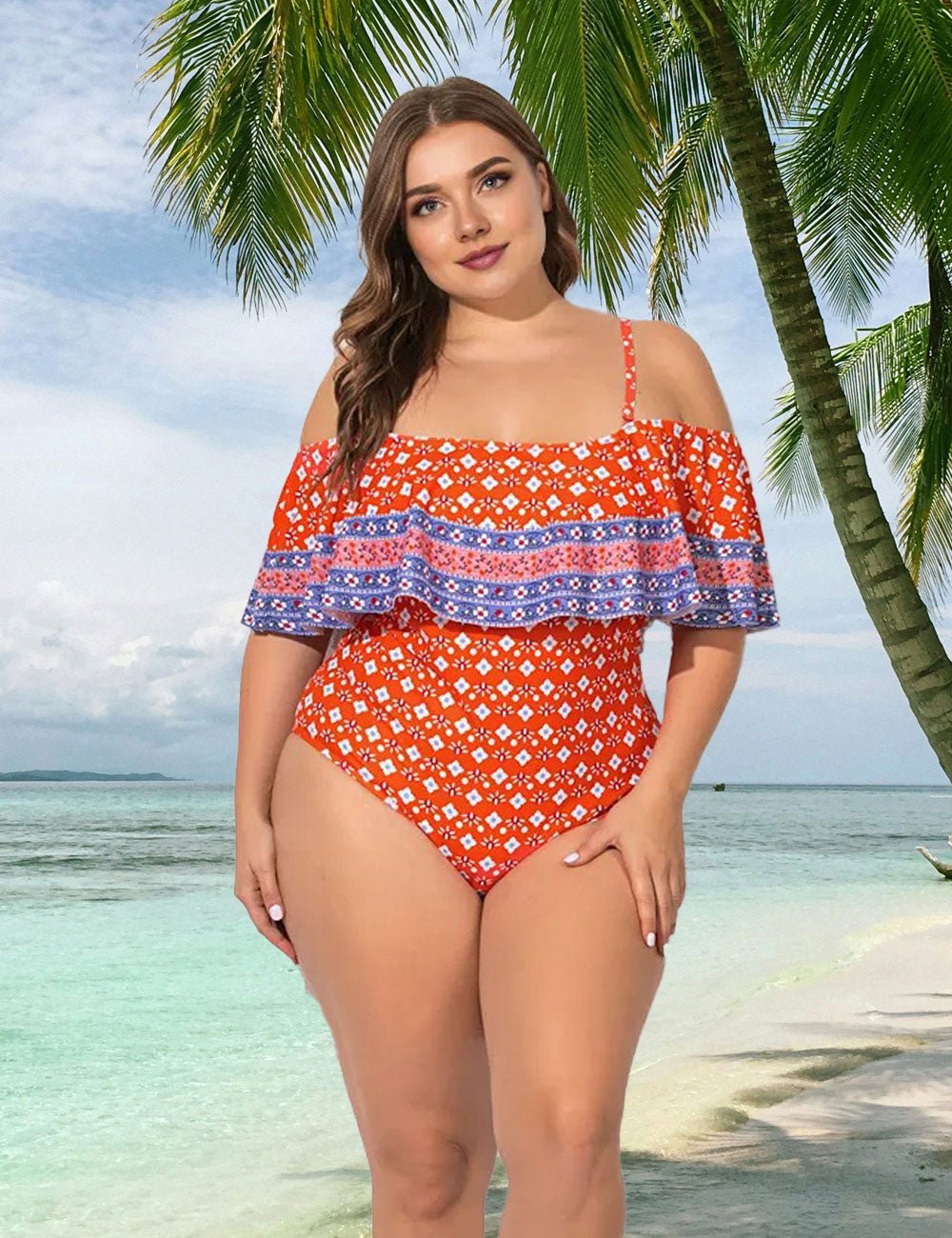 Women Plus Size Print Off Shoulder One Piece Swimsuit - PRUSES