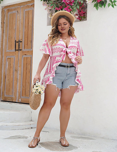 Women Plus Size Print Tie Front Boho Long Cardigan Blouses | PRUSES - PRUSES