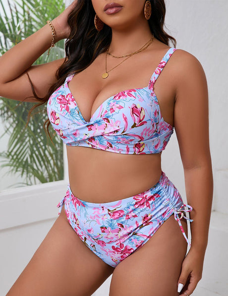Women Plus Size Print Wrap Push Up High Waist Bikini Set - PRUSES