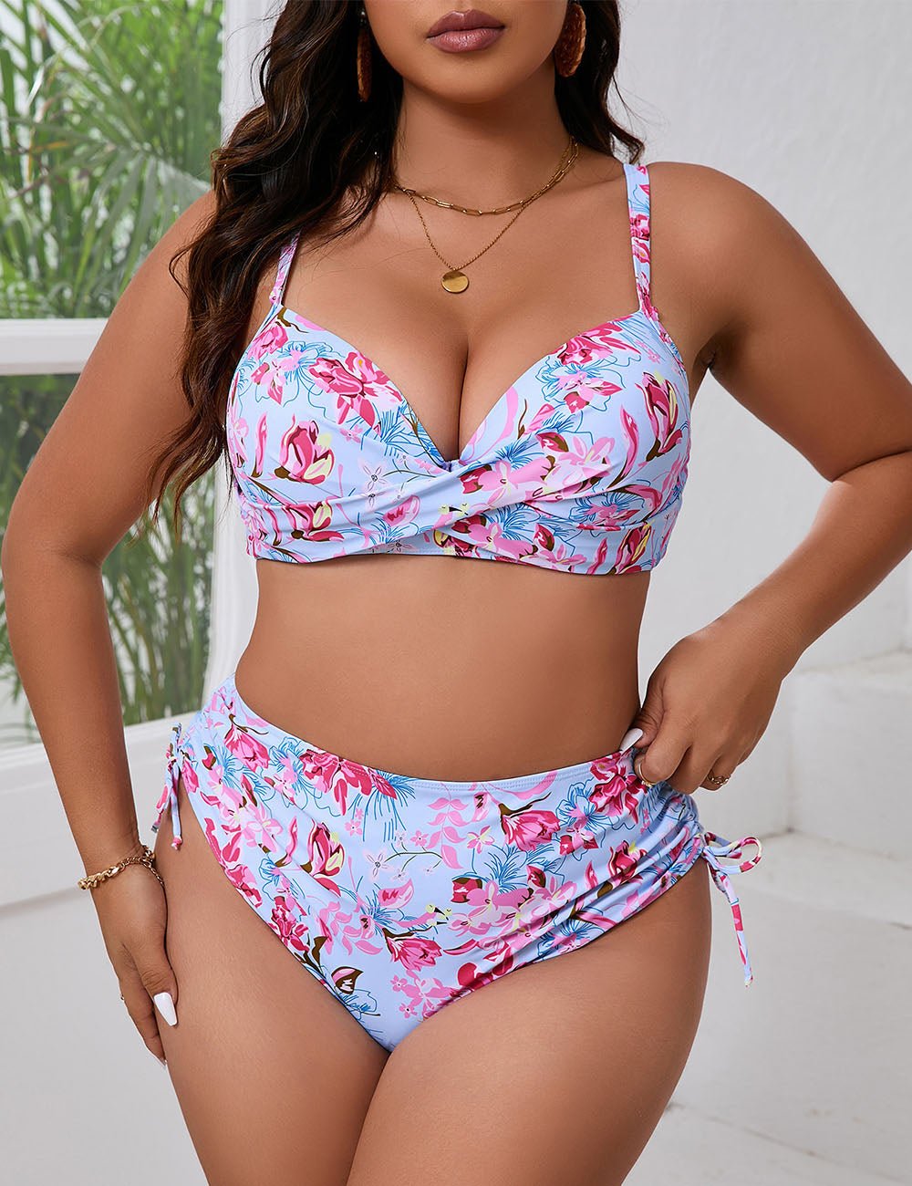 Women Plus Size Print Wrap Push Up High Waist Bikini Set - PRUSES