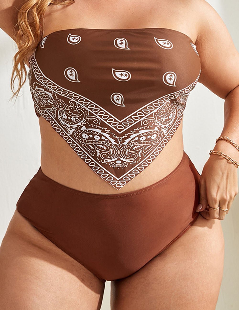Women Plus Size Printed Bandeau High Waist Swimsuit - PRUSES