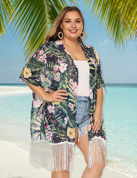 Women Plus Size Printed Chiffon Tassel Panelled Cover Up | PRUSES - PRUSES