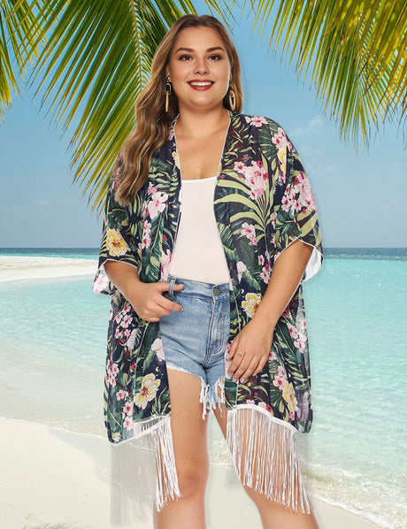 Women Plus Size Printed Chiffon Tassel Panelled Cover Up | PRUSES - PRUSES