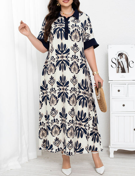 Women Plus Size Printed Lapel Maxi Dress | PRUSES - PRUSES