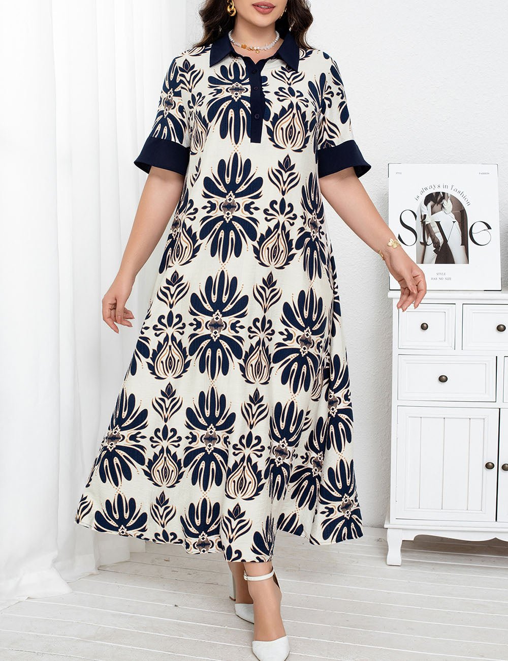 Women Plus Size Printed Lapel Maxi Dress | PRUSES - PRUSES