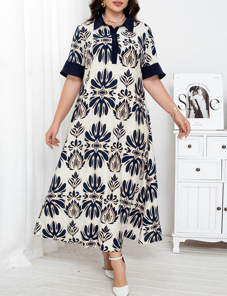 Women Plus Size Printed Lapel Maxi Dress | PRUSES - PRUSES