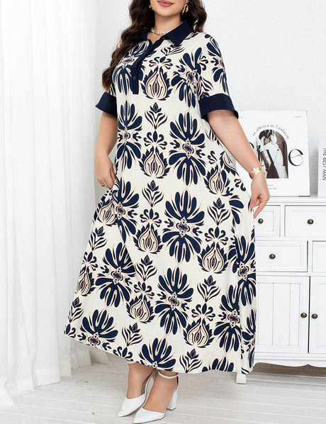 Women Plus Size Printed Lapel Maxi Dress | PRUSES - PRUSES