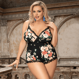 Women Plus Size Printed Milk Silk Deep V Bodysuit - PRUSES