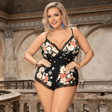 Women Plus Size Printed Milk Silk Deep V Bodysuit - PRUSES