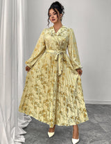 Women Plus Size Printed Pleated Maxi Dress With Belt - PRUSES