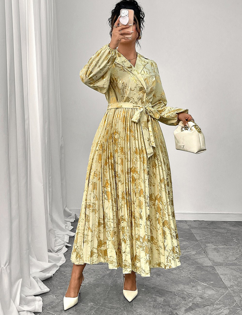 Women Plus Size Printed Pleated Maxi Dress With Belt - PRUSES