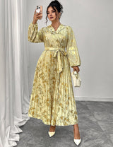 Women Plus Size Printed Pleated Maxi Dress With Belt - PRUSES