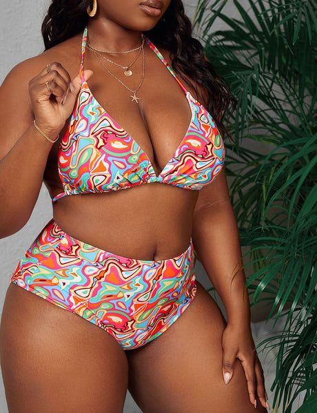 Women Plus Size Printed String Bikini Set - PRUSES