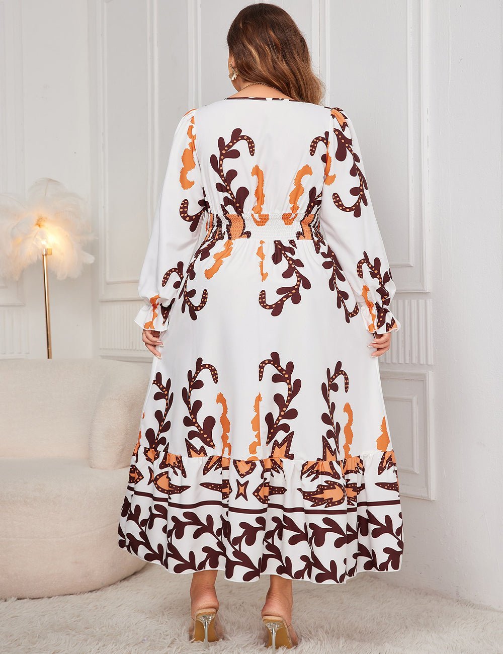 Women Plus Size Printed Surplice Flounce Sleeve Dress - PRUSES