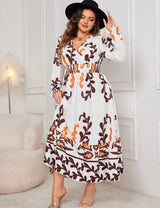 Women Plus Size Printed Surplice Flounce Sleeve Dress - PRUSES