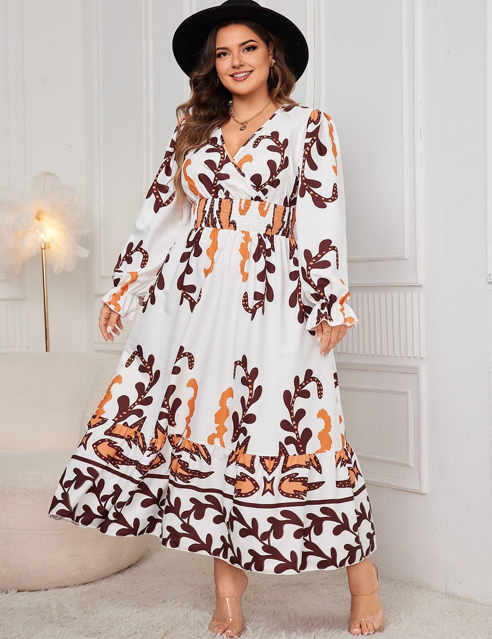 Women Plus Size Printed Surplice Flounce Sleeve Dress - PRUSES