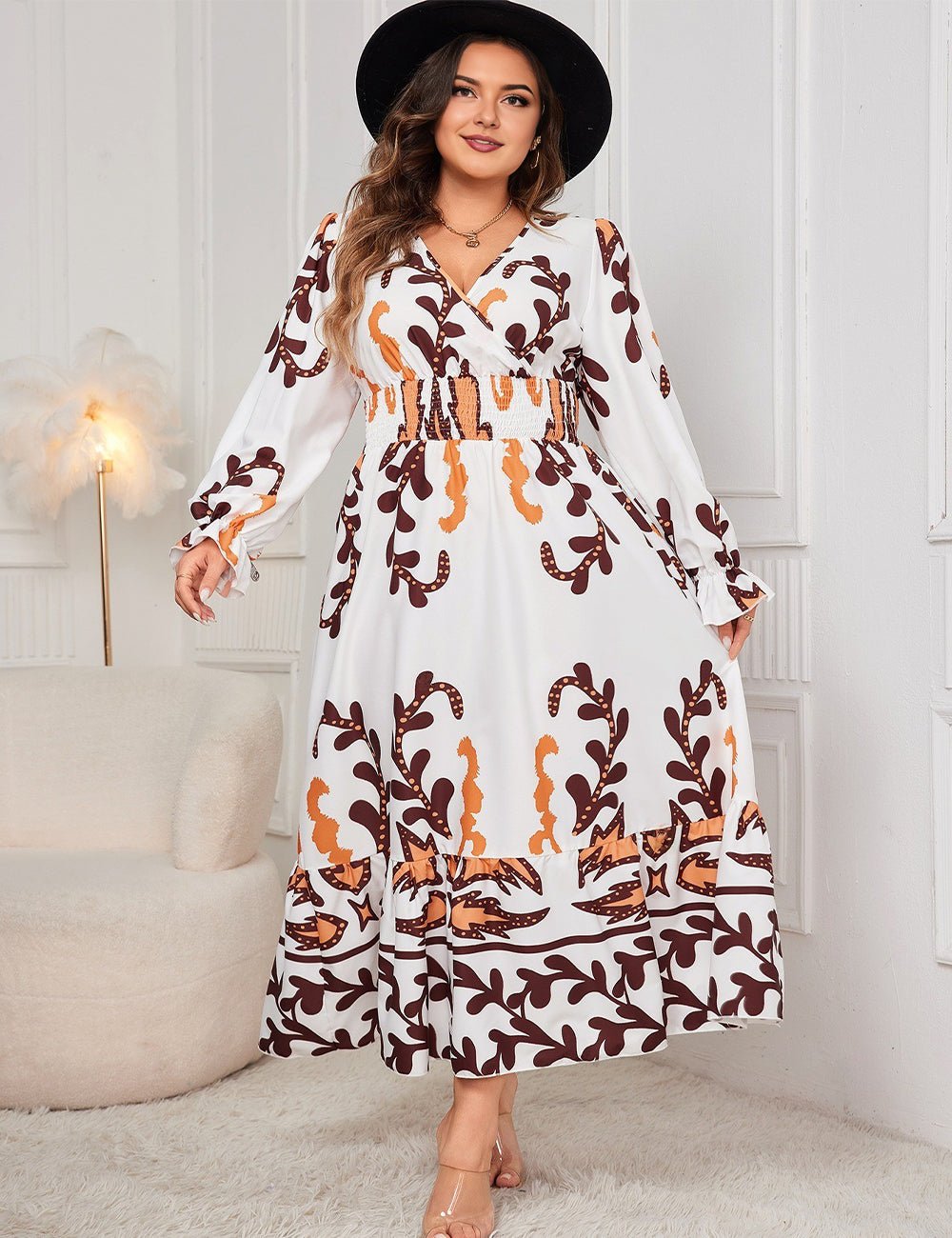 Women Plus Size Printed Surplice Flounce Sleeve Dress - PRUSES