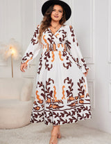 Women Plus Size Printed Surplice Flounce Sleeve Dress - PRUSES