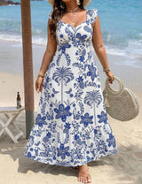 Plus Size Printed Sweetheart Neckline Maxi Beach Dress