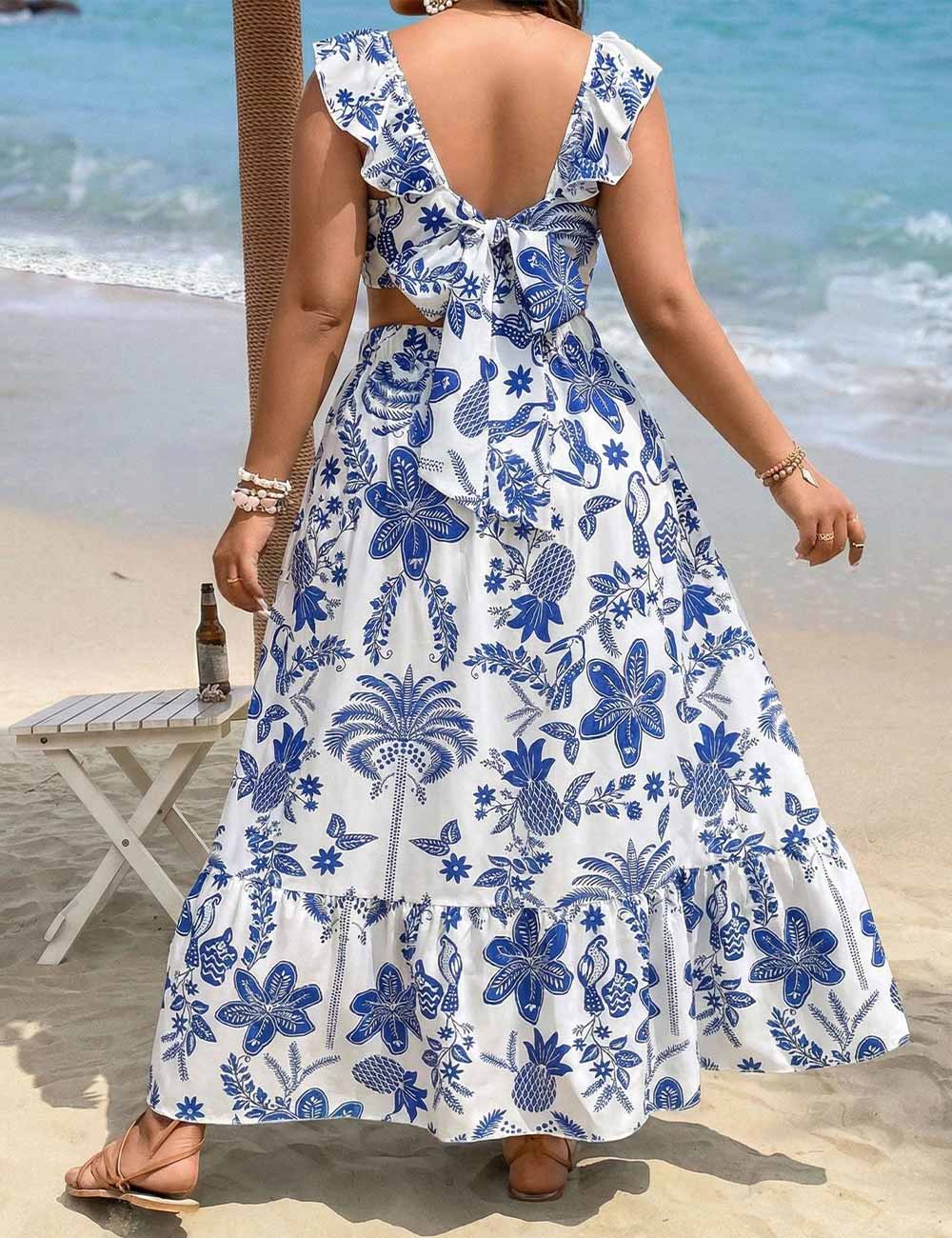 Plus Size Printed Back Tie Maxi Beach Dress 