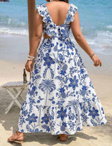 Plus Size Printed Back Tie Maxi Beach Dress 