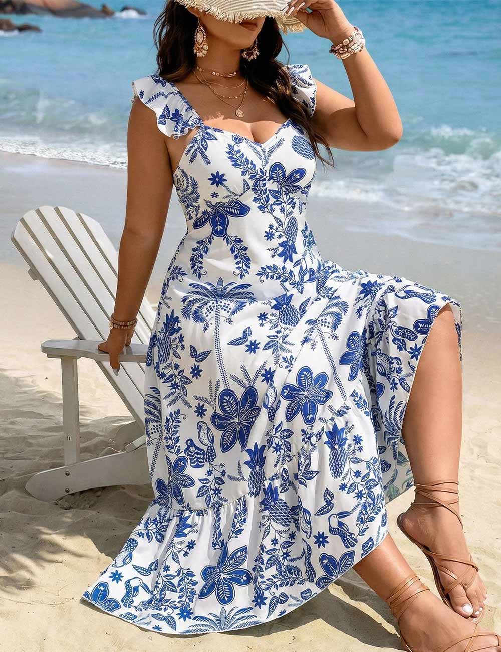 Women Plus Size Printed Sweetheart Neckline Maxi Beach Dress