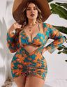 Women Plus Size Printed Three - piece Bikini Set With Cover - up - PRUSES