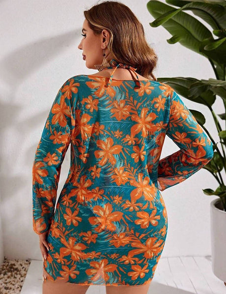 Women Plus Size Printed Three - piece Bikini Set With Cover - up - PRUSES