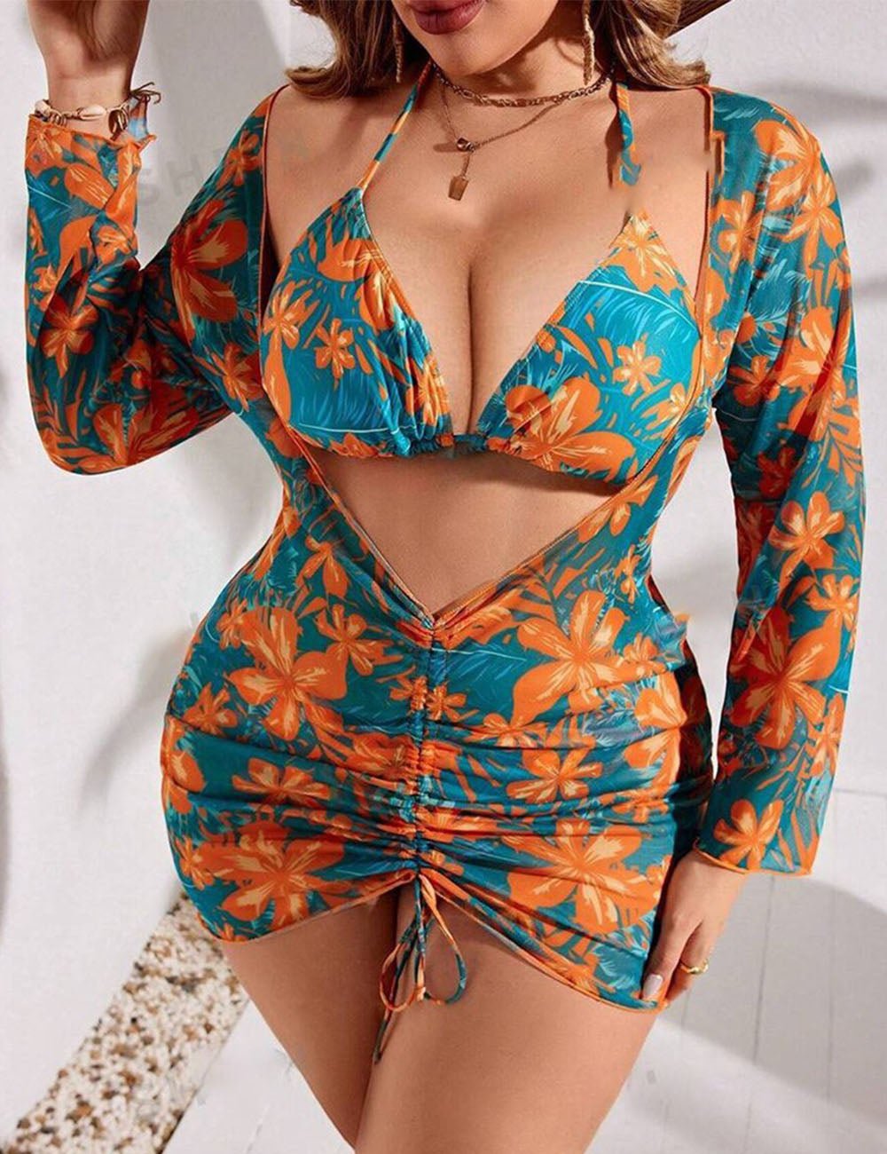 Women Plus Size Printed Three - piece Bikini Set With Cover - up - PRUSES