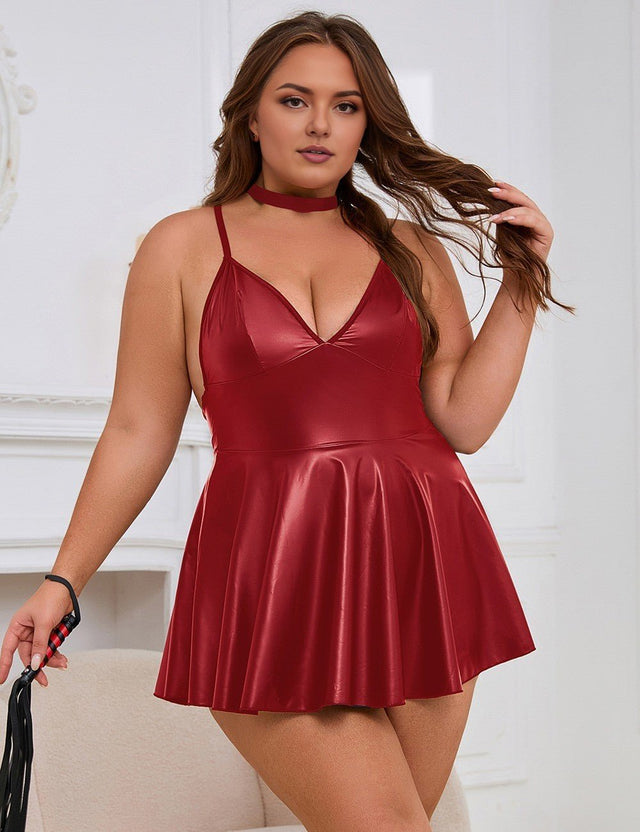 Women Plus Size PU leather Suspender Sexy Nightdress - PRUSES