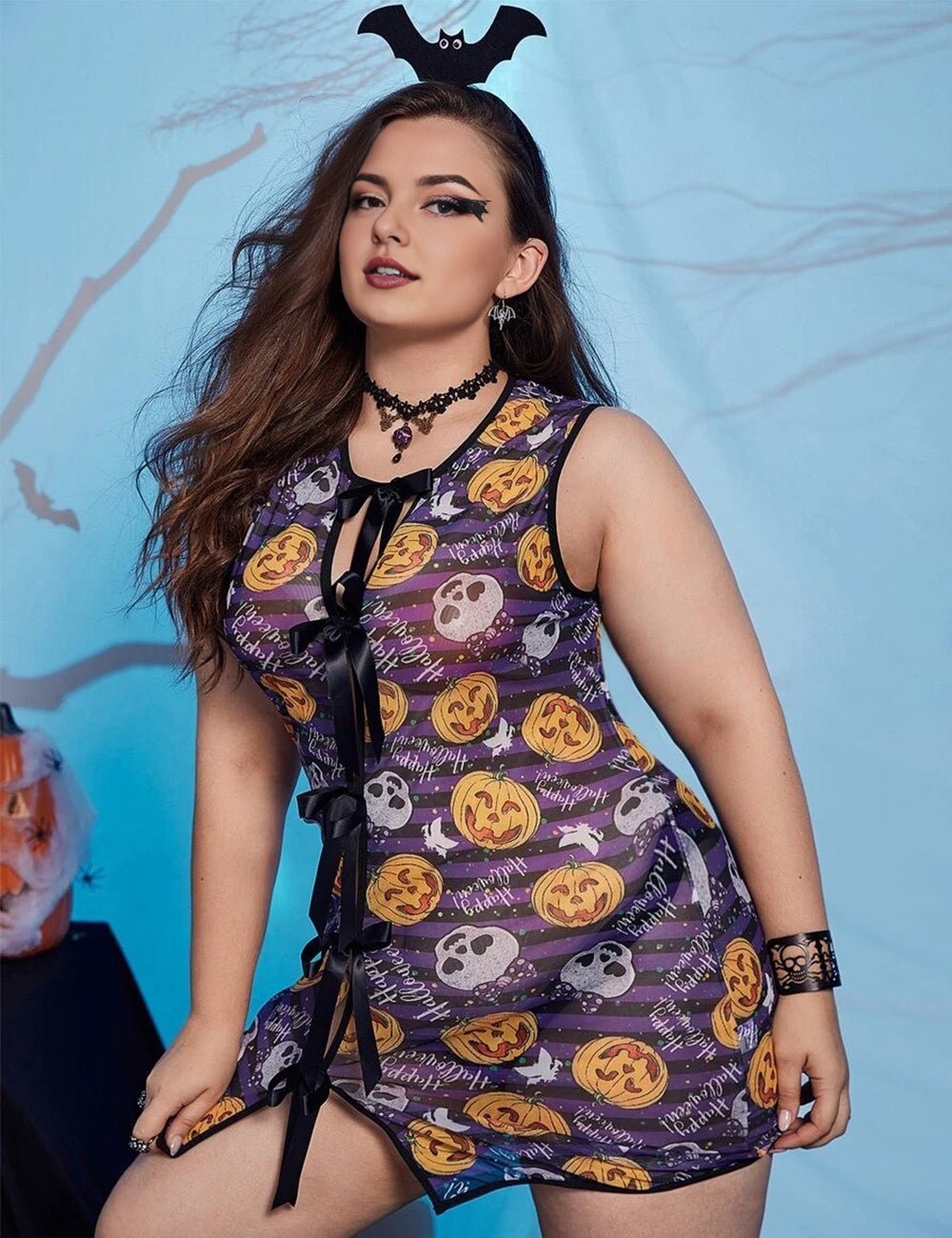 Women Plus Size Pumpkin Print Halloween Babydoll Lingerie - PRUSES