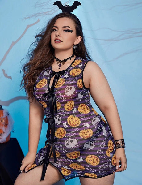 Women Plus Size Pumpkin Print Halloween Babydoll Lingerie - PRUSES