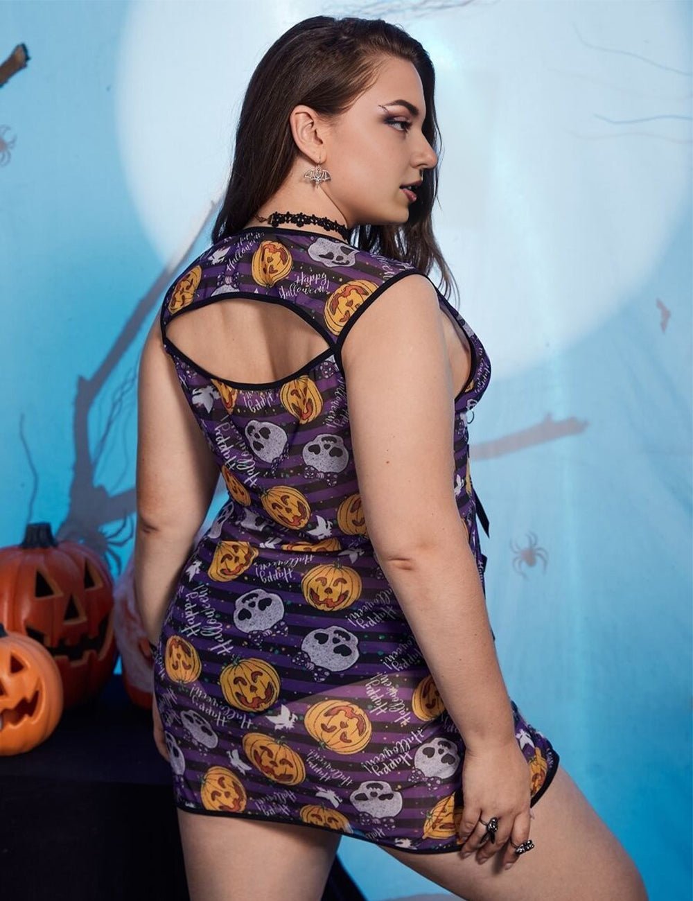 Women Plus Size Pumpkin Print Halloween Babydoll Lingerie - PRUSES