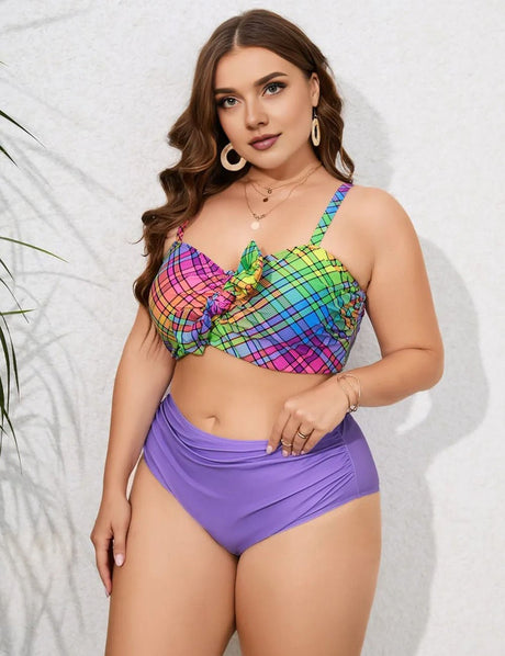 Women Plus Size Purple Printed Twist Front High Waisted Bikini - PRUSES