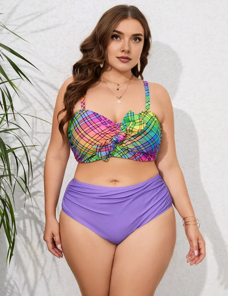 Women Plus Size Purple Printed Twist Front High Waisted Bikini - PRUSES