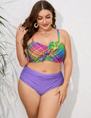 Women Plus Size Purple Printed Twist Front High Waisted Bikini - PRUSES
