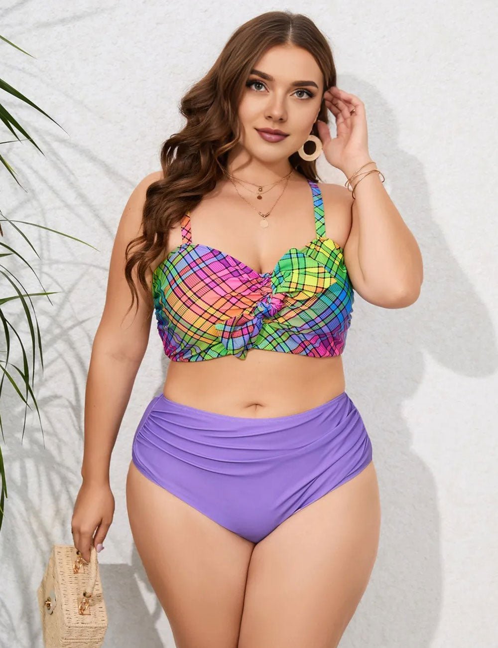 Women Plus Size Purple Printed Twist Front High Waisted Bikini - PRUSES