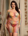 Women Plus Size Rainbow Colorful Long Sleeve Two Piece Fishnet Bodystocking | PRUSES - PRUSES