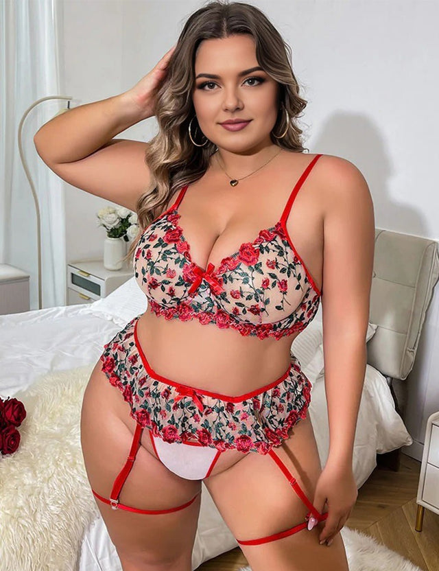 Women Plus Size Red Embroidered Bra Set with Garter Belt - PRUSES