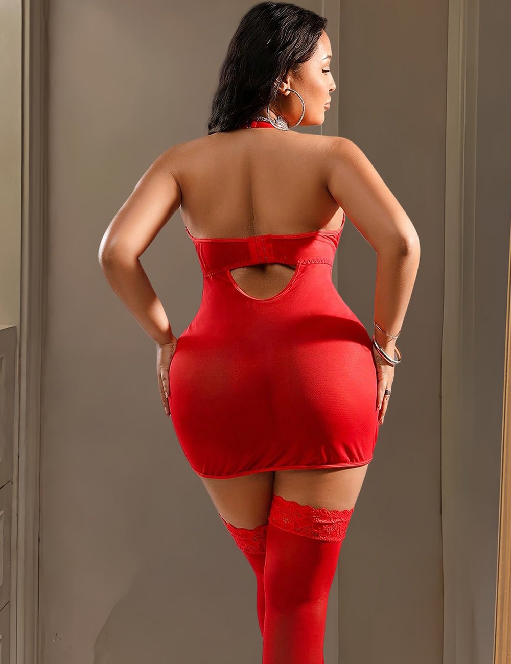 Women Plus Size Red Faux Leather Lingerie - PRUSES
