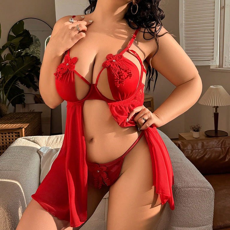Women Plus Size Red Lace Embroidery Mesh Suspender Babydoll - PRUSES