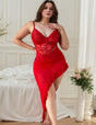 Women Plus Size Red Lace Mesh Asymmetrical Nightgown - PRUSES