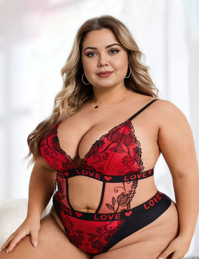 Women Plus Size Red Lace Print Bodysuit - PRUSES