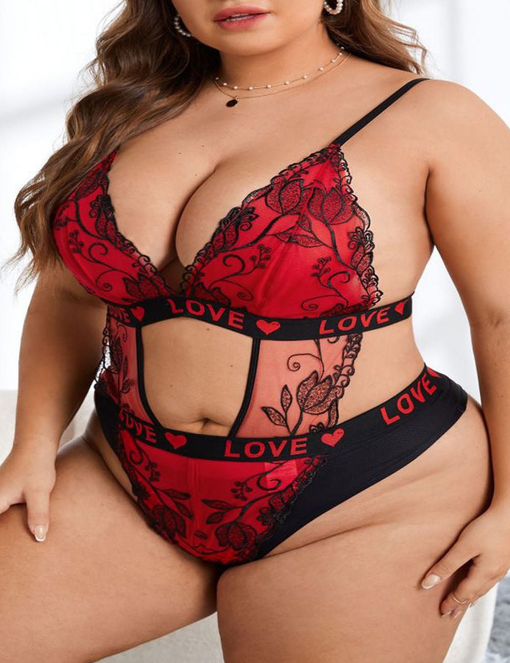 Women Plus Size Red Lace Print Bodysuit - PRUSES