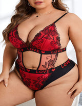 Women Plus Size Red Lace Print Bodysuit - PRUSES